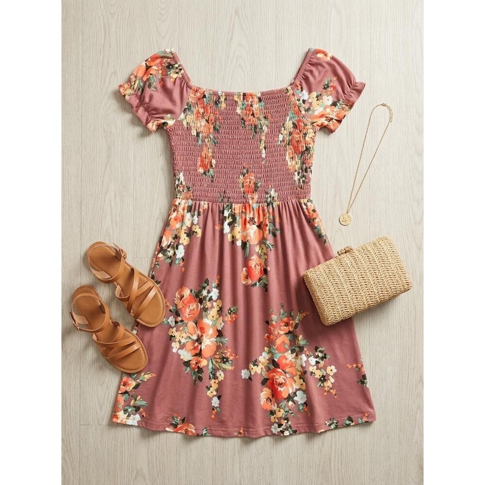 Boho NWT A-Line Dress Womens Medium Rose Floral Square Neck Smocked Butter Soft - Picture 2 of 10